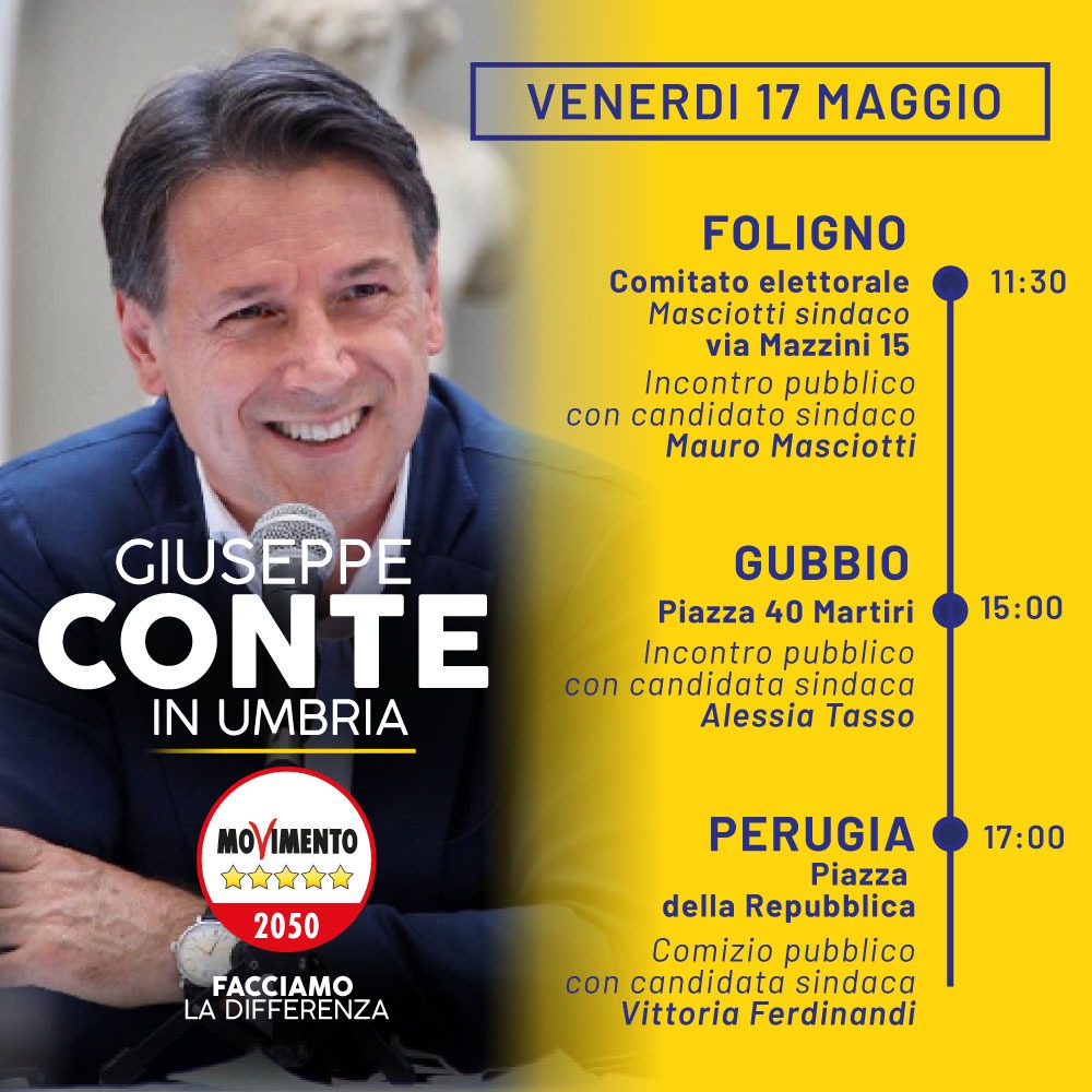 Giuseppe Conte torna in Umbria a sostegno dei candidati sindaco